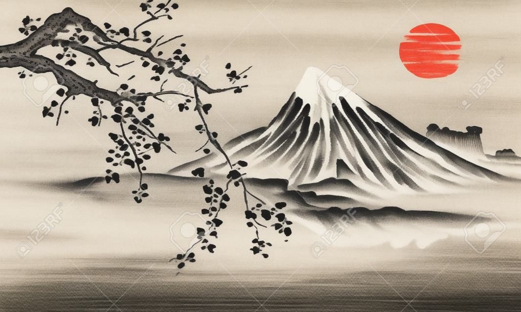 Japan traditional sumi-e painting. Indian ink illustration. Japanese picture. Sakura, sun and mountain
