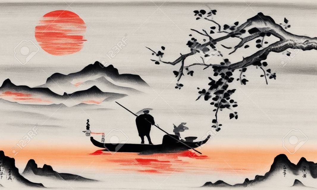 Pintura tradicional japonesa de sumi-e. Ilustração indiana da tinta. Homem e barco. Paisagem da montanha com sakura. Pôr do sol, crepúsculo. Imagem japonesa.