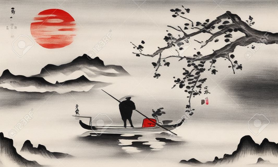 Japan traditionele sumi-e schilderij. Indiase inkt illustratie. Man en boot. Berglandschap met sakura. Zonsondergang, schemering. Japanse foto.