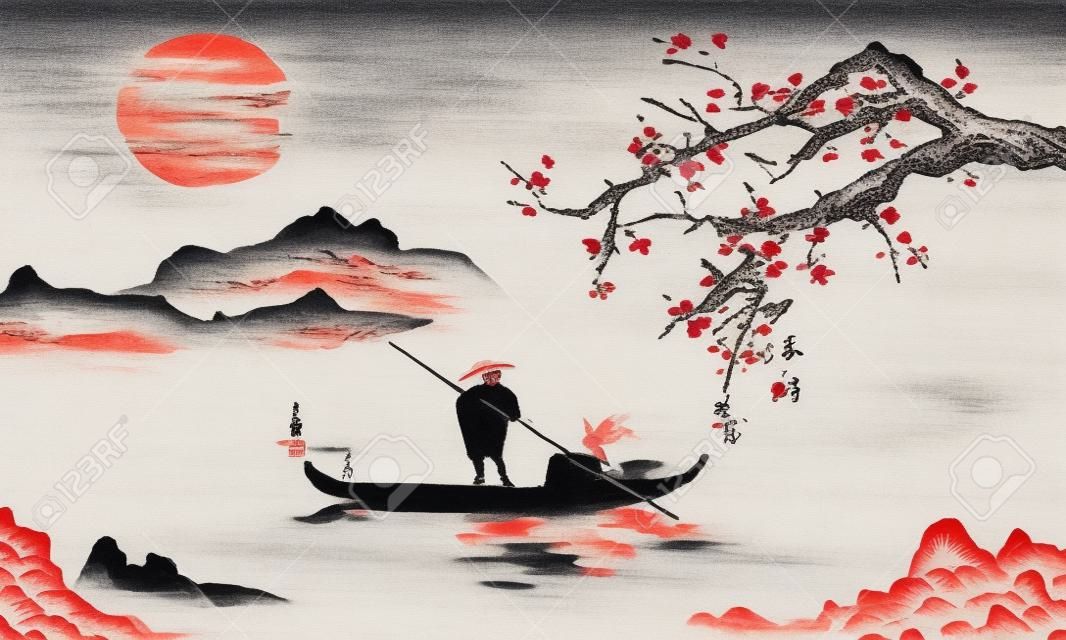 일본 전통 수묵화. 인도 잉크 그림입니다. 남자와 보트입니다. 사쿠라와 산 풍경입니다. 일몰, 황혼. 일본 사진.