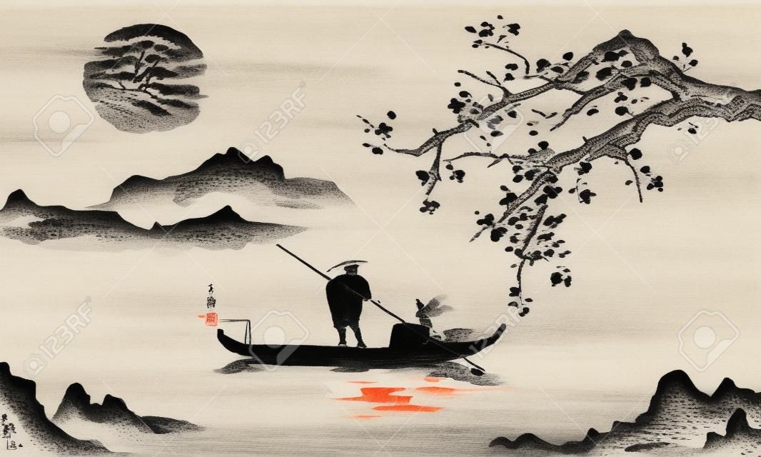 일본 전통 수묵화. 인도 잉크 그림입니다. 남자와 보트입니다. 사쿠라와 산 풍경입니다. 일몰, 황혼. 일본 사진.