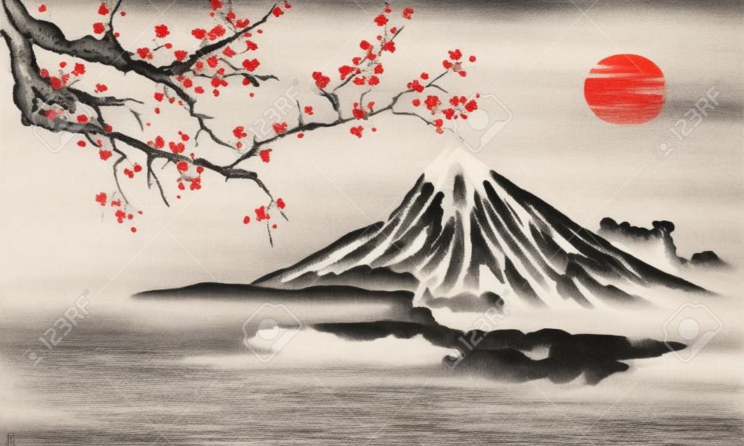 Japão tradicional sumi-e pintura. Fuji montanha, sakura, pôr do sol. Japão sol. Ilustração de tinta indiana. Imagem japonesa.