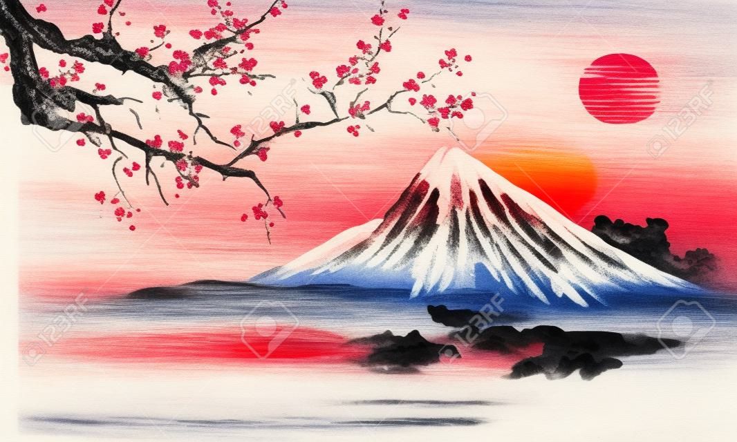 Japão tradicional sumi-e pintura. Fuji montanha, sakura, pôr do sol. Japão sol. Ilustração de tinta indiana. Imagem japonesa.