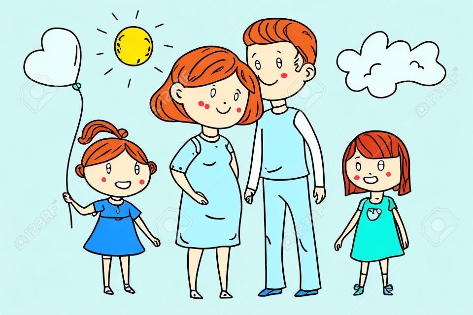 Famille de dessin animé avec femme enceinte et petits enfants