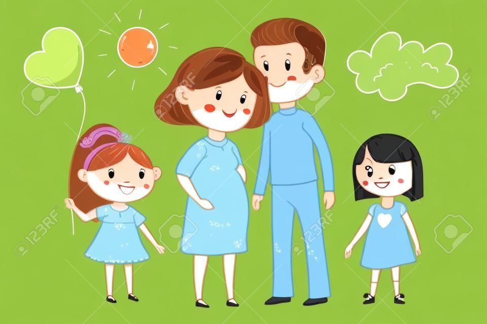 Famille de dessin animé avec femme enceinte et petits enfants