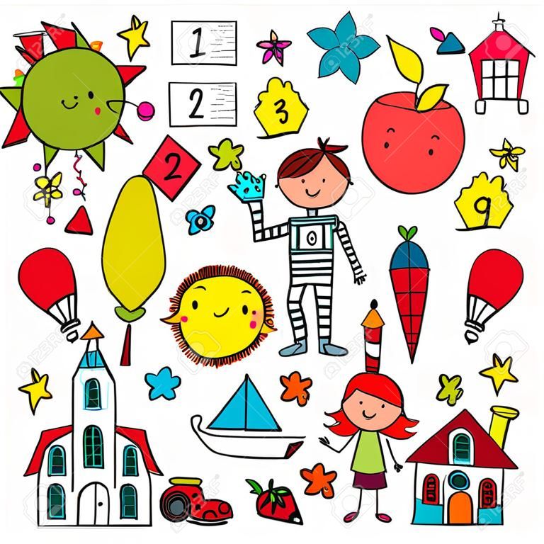 Kindergarten, preschool, school children. Kids drawing style vector pattern. Play grow learn together.