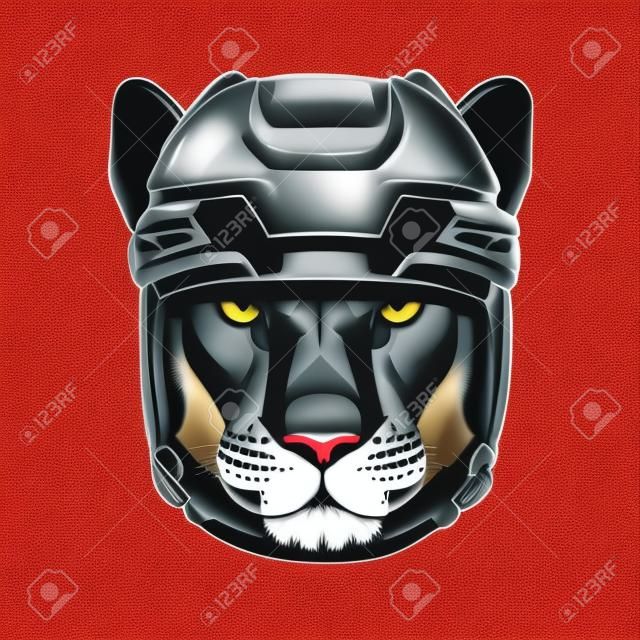 Panther, puma, cougar, wild cat, animal wearing hockey helmet. Hand drawn image of lion for tattoo, t-shirt, emblem, badge, logo, patch.