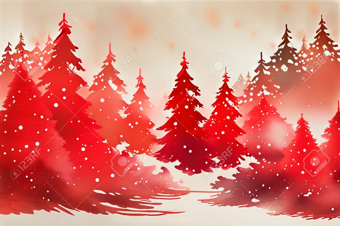Fondo navideño rojo. vacaciones de navidad. bosque de invierno