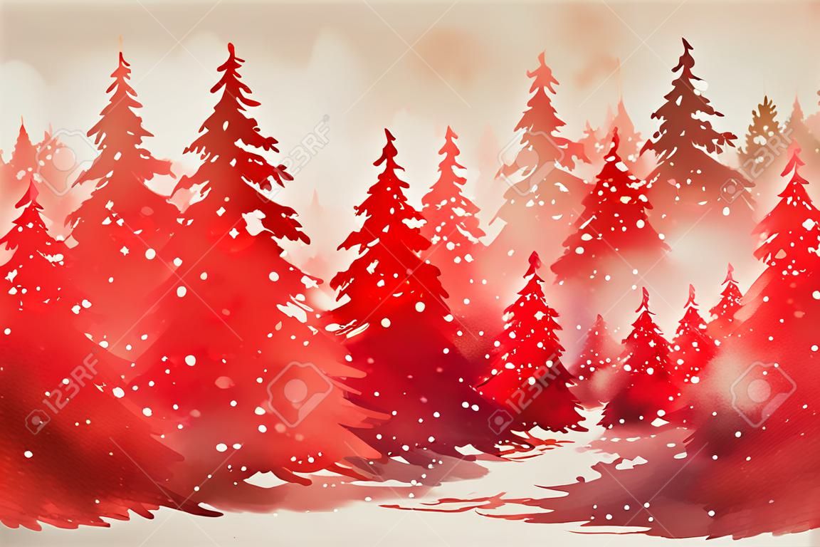 Fondo navideño rojo. vacaciones de navidad. bosque de invierno