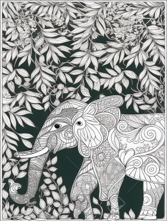 Dibujo para colorear con el elefante en el bosque. Libro de colorante para los adultos y niños mayores.
