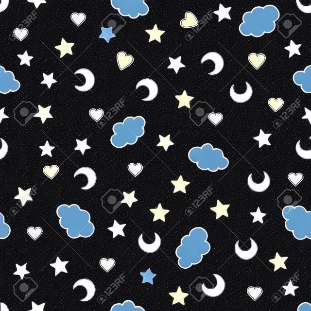 Seamless pattern with clouds, moon, stars, and in the doodle kaw