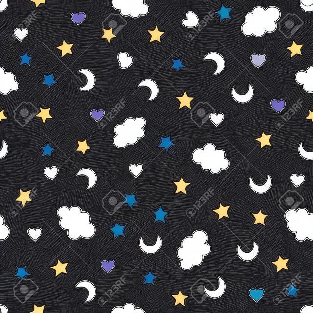 Nahtloses Muster mit Wolken, Mond, Sternen und im Gekritzelkaw