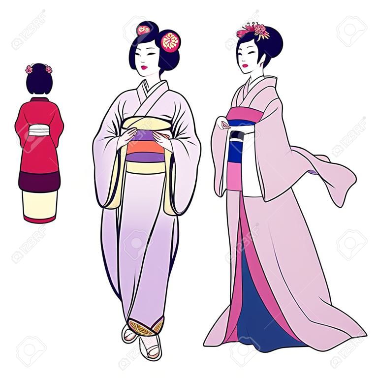 兩名年輕婦女在傳統日本和服和傳統中的一套