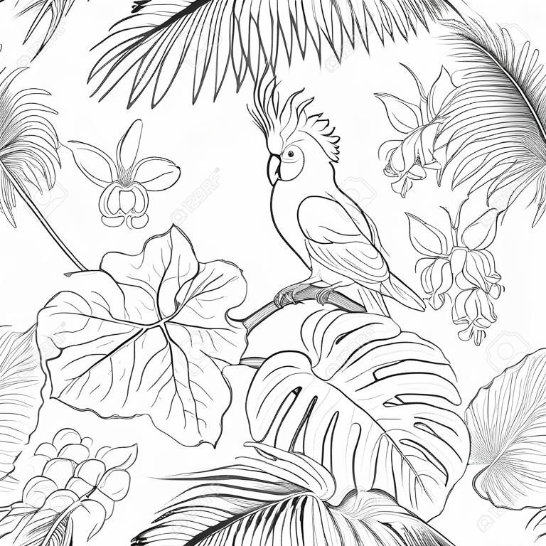 Patrón sin costuras, fondo. con plantas tropicales y flores con orquídeas blancas y aves tropicales. Ilustración de vector de dibujo a mano de contorno.