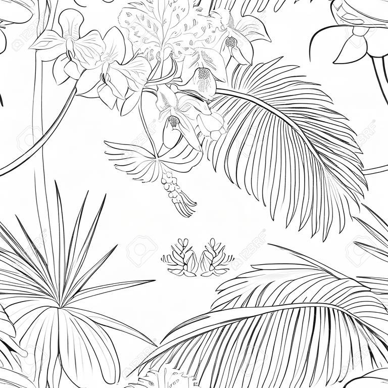 Patrón sin costuras, fondo. con plantas tropicales y flores con orquídeas blancas y aves tropicales. Ilustración de vector de dibujo a mano de contorno.