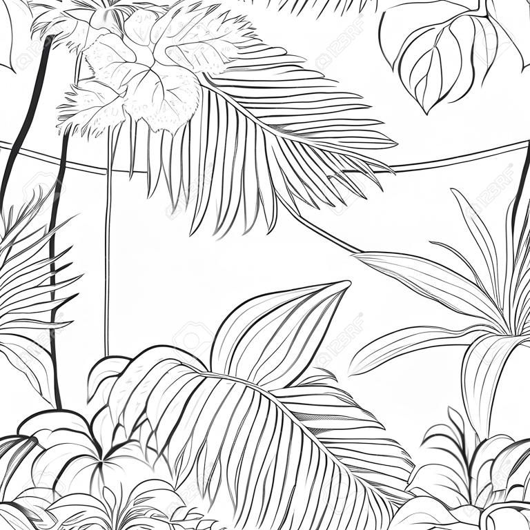 Tropische planten en witte orchidee bloemen. Naadloos patroon, achtergrond. Omtrek tekening vector illustratie. Geïsoleerd op witte achtergrond.
