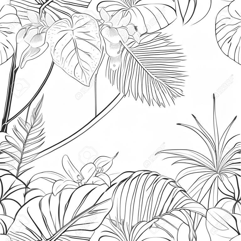 Tropische planten en witte orchidee bloemen. Naadloos patroon, achtergrond. Omtrek tekening vector illustratie. Geïsoleerd op witte achtergrond.