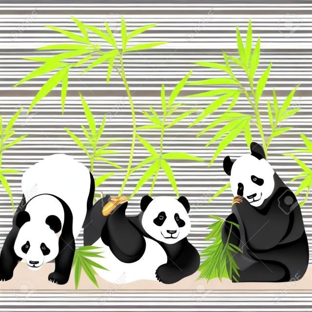 Seamless pattern, background. with pandas and bamboo.  Vector illustration without gradients and transparency.  On black-and-white stripes background