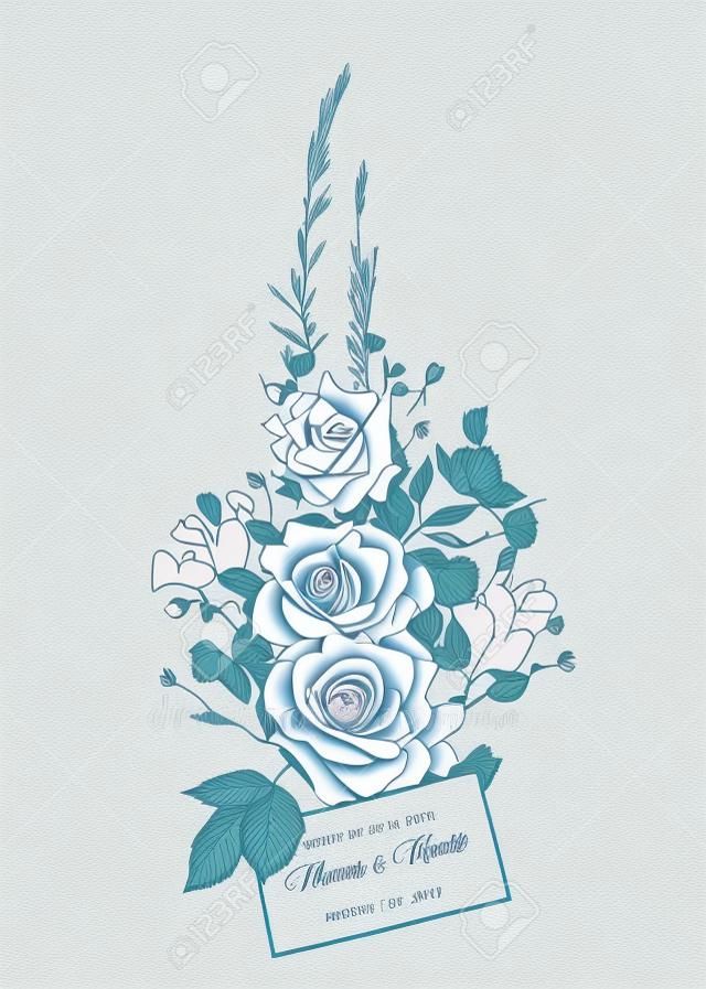 Wedding invitation with roses and spring flowers. Graphic drawing, engraving style. Vector illustration. In vintage blue color.