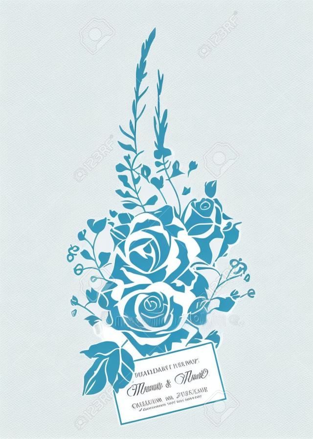 Wedding invitation with roses and spring flowers. Graphic drawing, engraving style. Vector illustration. In vintage blue color.