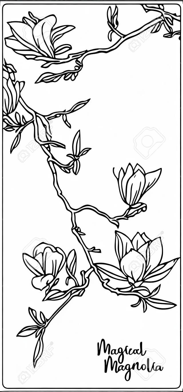Magnolia tree branch with flowers. Coloring page for the adult coloring book. Outline hand drawing vector illustration..