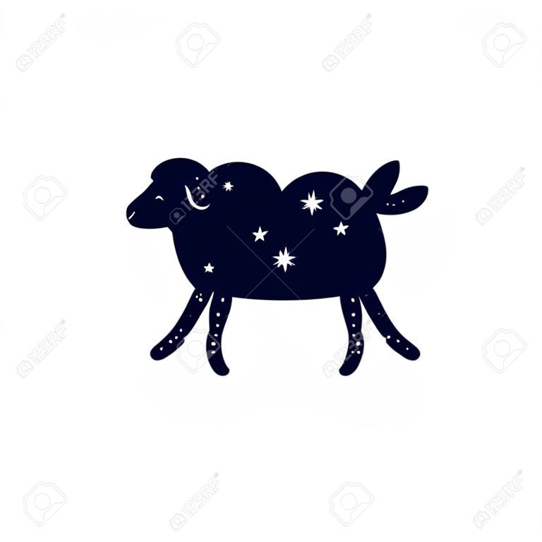 Dark silhouette of a sheep. Sheep in a pattern of shining stars. Flat vector illustration isolated on a white background.