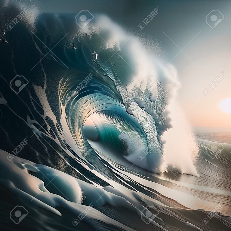 Surfing ocean wave at sunset. 3d rendering toned image