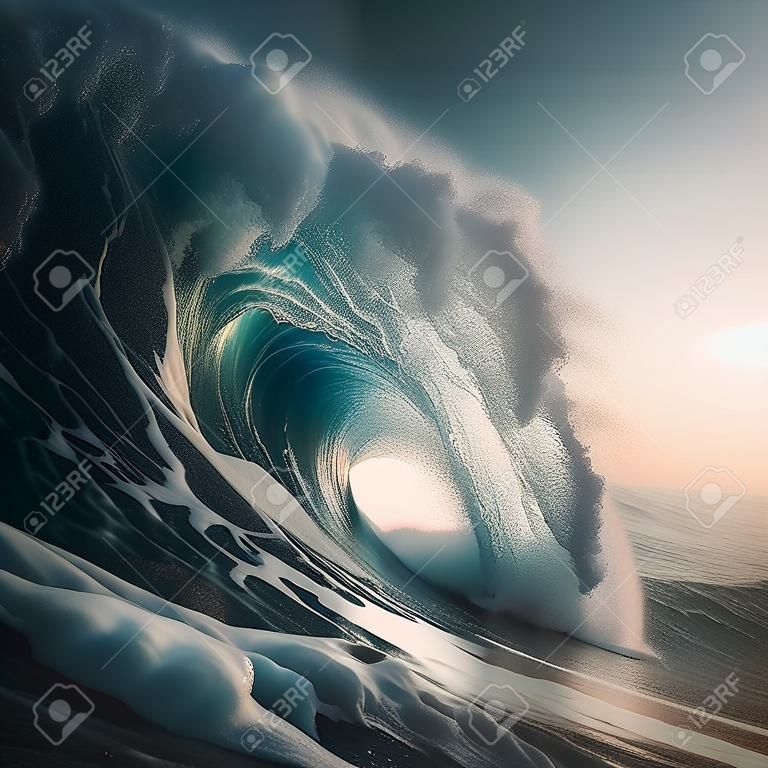 Surfing ocean wave at sunset. 3d rendering toned image