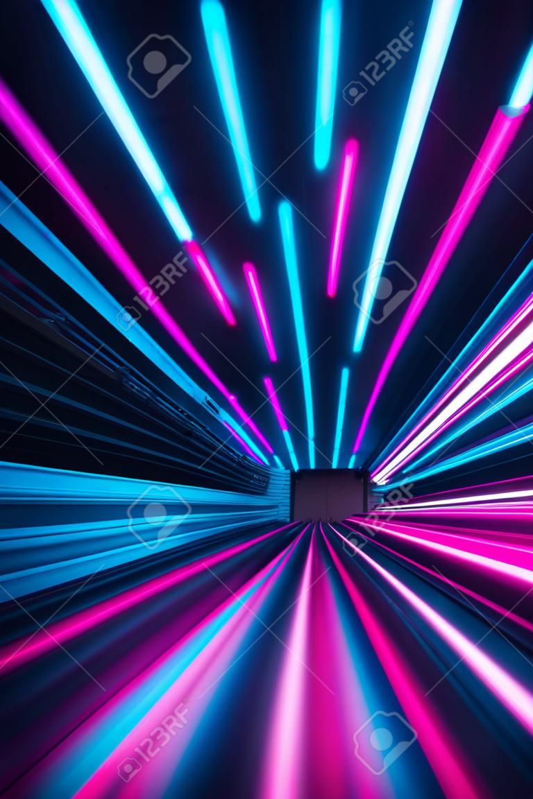 abstract background of blue and pink neon lights in a dark tunnel