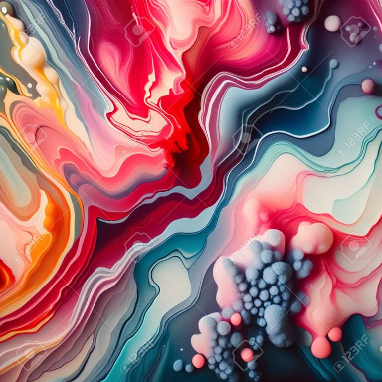 Abstract background of acrylic paint in red, blue and pink tones.