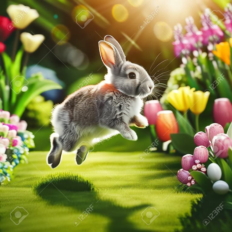 Cute little rabbit jumping on green grass in spring garden. Easter holiday concept
