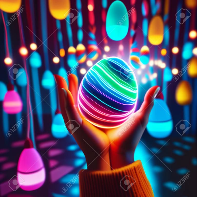 Easter egg in the hands of a child against the background of colored lights