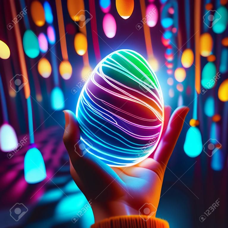 Easter egg in the hands of a child against the background of colored lights