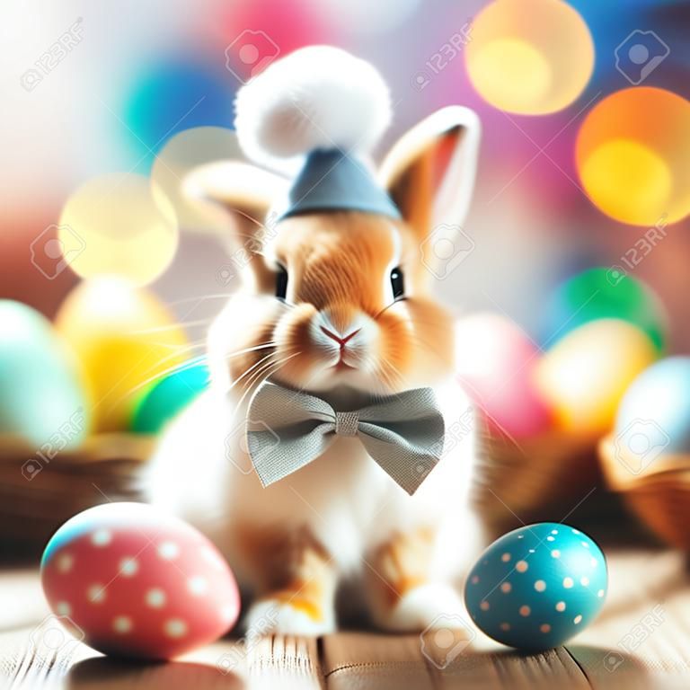 Cute little bunny and Easter eggs on bokeh background.