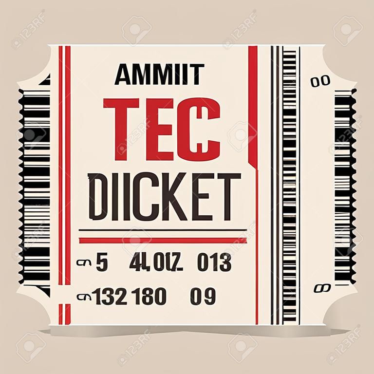 Tear-off paper ticket with barcode and editable text. Detachable coupon or talon for theater or cinema, party or festival, event or entertainment show. Vector illustration in flat style.
