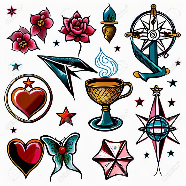 A large set of isolated old school tattoo elements on a white background