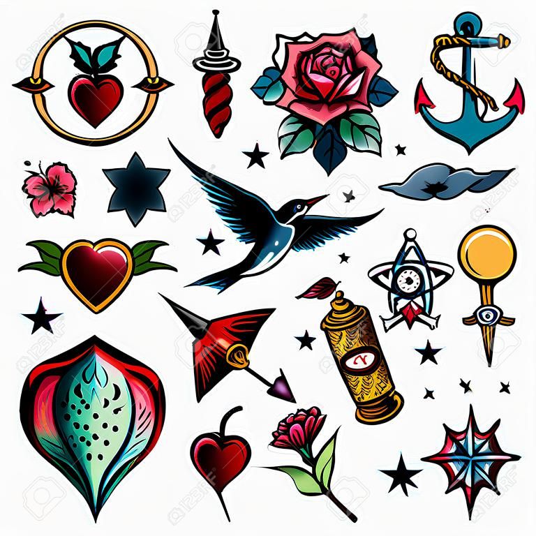A large set of isolated old school tattoo elements on a white background