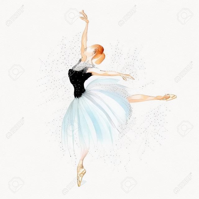 Ballet dancer, ink and watercolor illustration of Russian ballerina. Dancing girl, classical ballet, swan lake vector art.