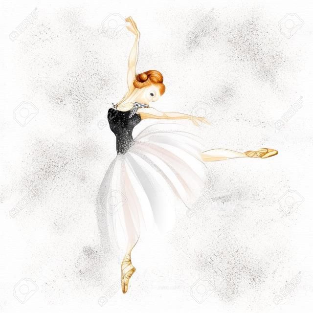 バレエダンサー、インク、ロシアのバレリーナの水彩画のイラスト。ダンスガール、クラシックバレエ、白鳥の湖ベクターアート。