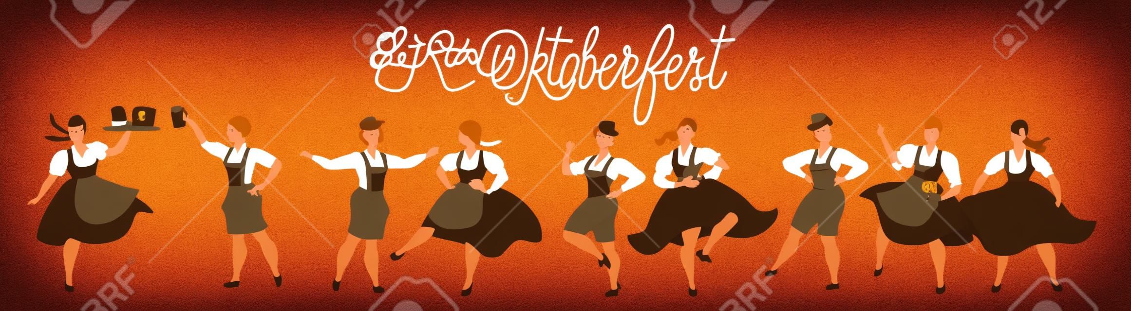 Oktoberfest beer festival. People drinking beer, dancing, celebrating. German Traditional holiday. Set of people characters. Octoberfest concept. National German men and women costumes. Modern vector.