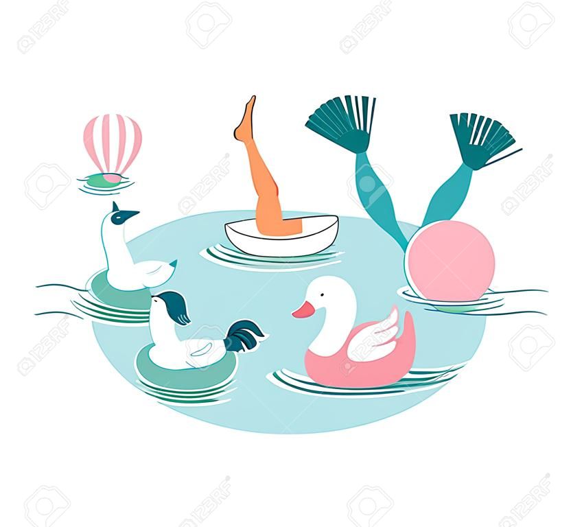 Hand getekende vector abstracte cartoon zomerse tijd leuke cartoon illustratie met zwemmende mensen in zwembad met hete lucht ballonnen geïsoleerd op witte achtergrond