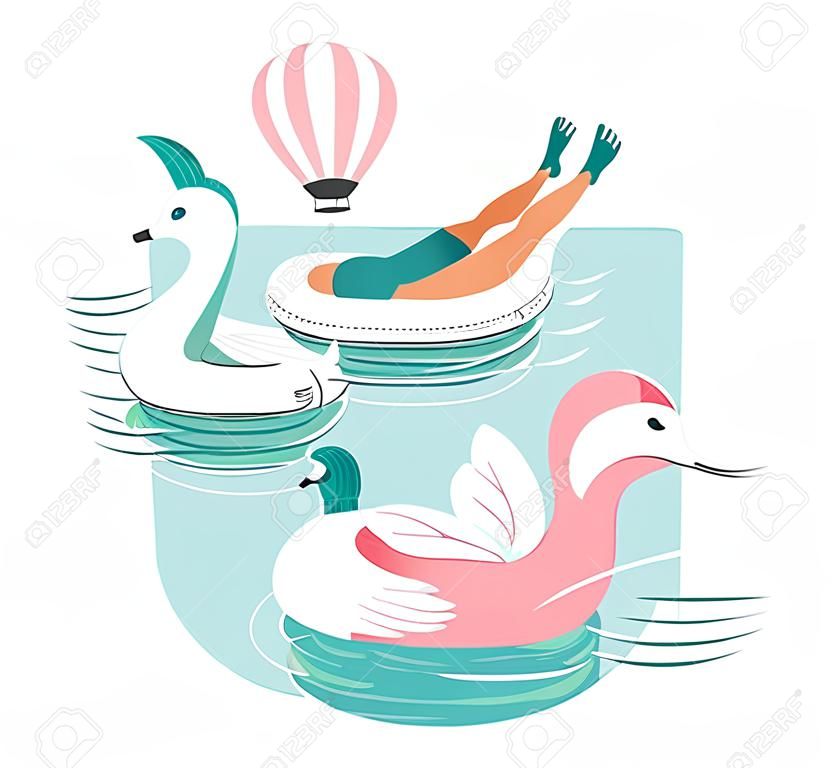 Mão desenhada vector abstrato desenho animado verão tempo divertido ilustração dos desenhos animados com pessoas de natação na piscina com balões de ar quente isolados no fundo branco