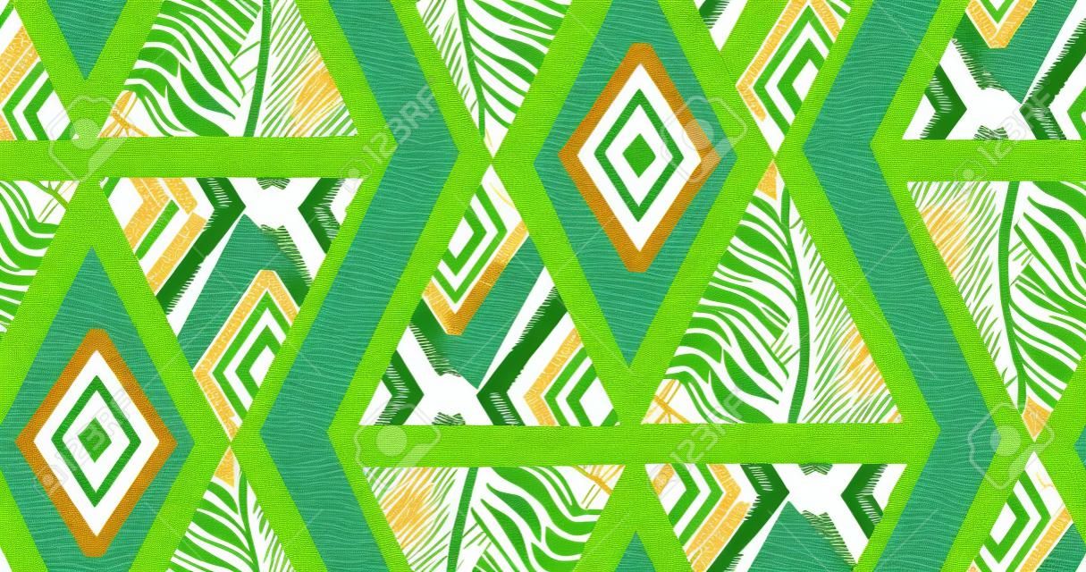Collage tropicale senza cuciture strutturato a mano a mano libera astratto di vettore disegnato a mano con il motivo della zebra, strutture organiche, triangoli isolati su fondo verde