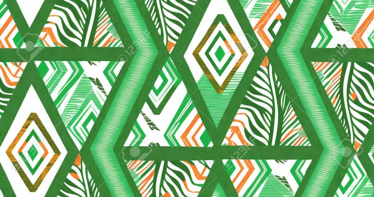 Dibujado a mano resumen de vectores textura a mano libre patrón tropical transparente collage con motivos cebra, texturas orgánicas, triángulos aislados sobre fondo verde
