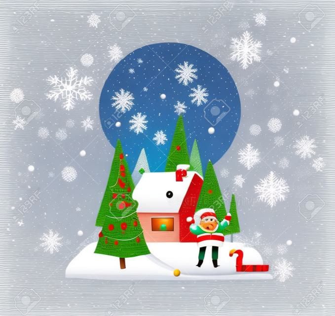 Mão desenhada vector abstrato Feliz Natal e Feliz Ano Novo ilustrações de desenhos animados modelo de cartão com paisagem ao ar livre, casa e Papai Noel isolado no fundo branco
