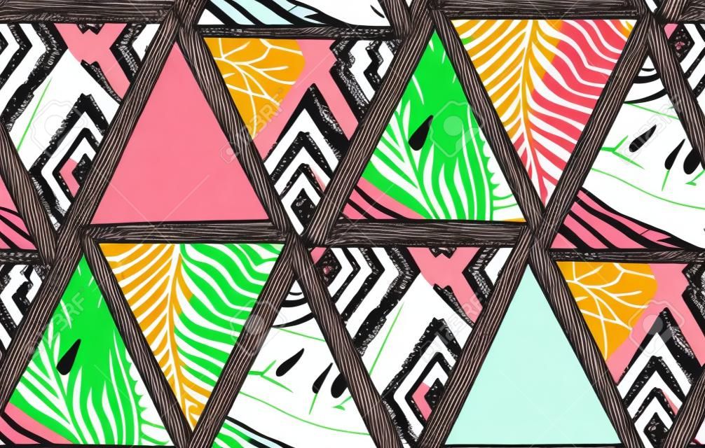 Handgetrokken vector abstract ongewone zomertijd decoratie collage naadloos patroon met watermeloen,aztec en tropische palm bladeren motief geïsoleerd.