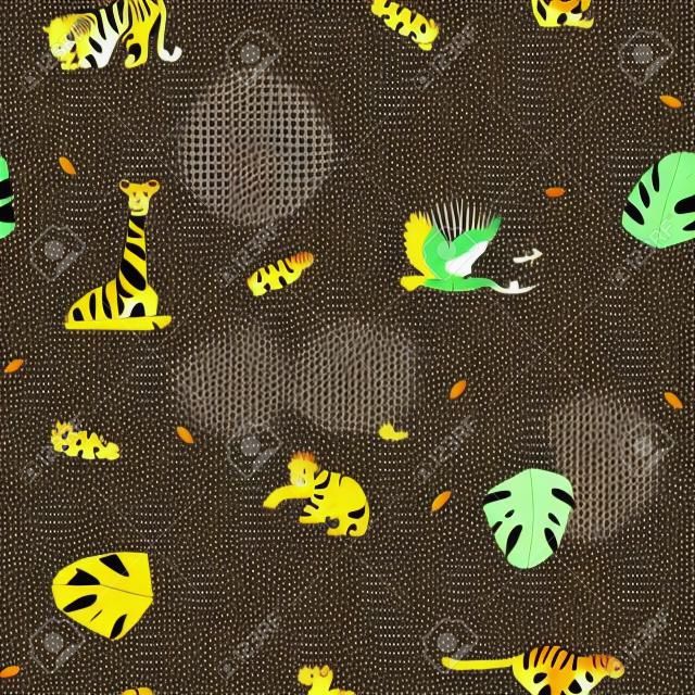 Mão desenhada vector cartoon moderno gráfico africano Safari Natureza ilustrações arte colagem padrão sem emenda com tigres, leão, pássaro de galinha e folhas de palmeira tropical isolado no fundo preto.