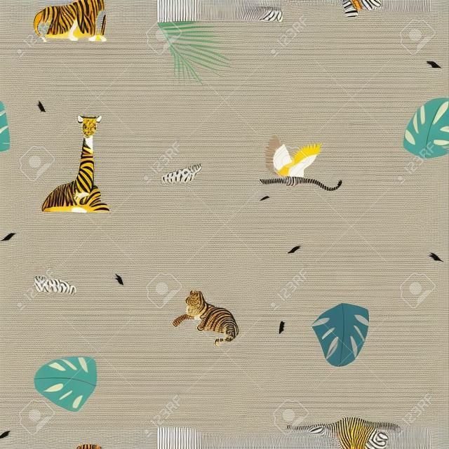 Mão desenhada vector cartoon moderno gráfico africano Safari Natureza ilustrações arte colagem padrão sem emenda com tigres, leão, pássaro de galinha e folhas de palmeira tropical isolado no fundo preto.