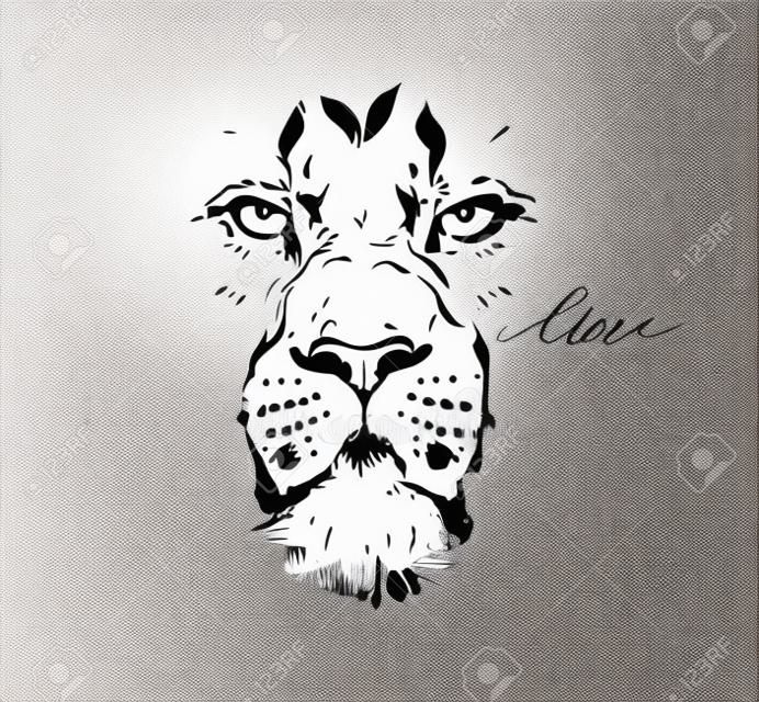 Handgezeichnete Vektor abstrakte künstlerische Tinte strukturierte grafische Skizze Zeichnung Illustration der Tierwelt Löwenkopf isoliert auf weißem Hintergrund