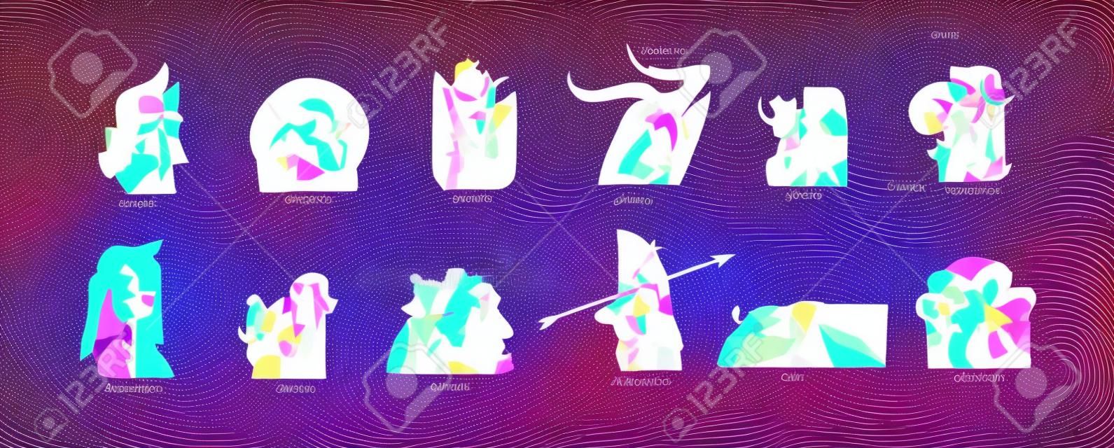 Ilustraciones gráficas abstractas de stock vectorial dibujadas a mano con conjunto de colección de símbolos de signos contemporáneos astrológicos del zodiaco, personajes femeninos mágicos de belleza, diseño boho de imágenes prediseñadas, concepto de astrología femenina.